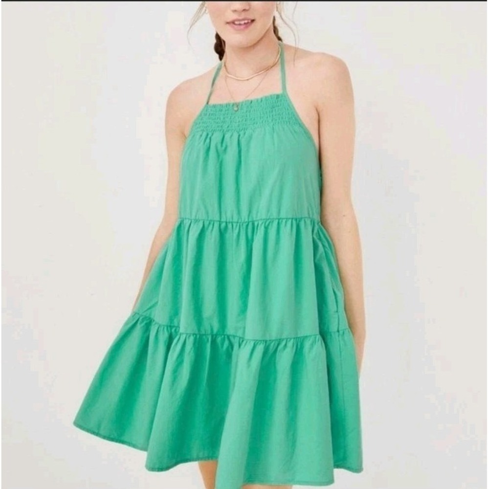 American Eagle Green Tiered High Neck Lets Hang Out Summer Poplin Mini Dress L